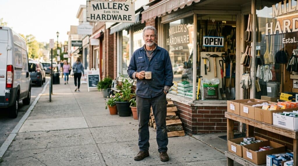 Friendly hardware store owner welcoming customers with coffee at Millers Hardware.