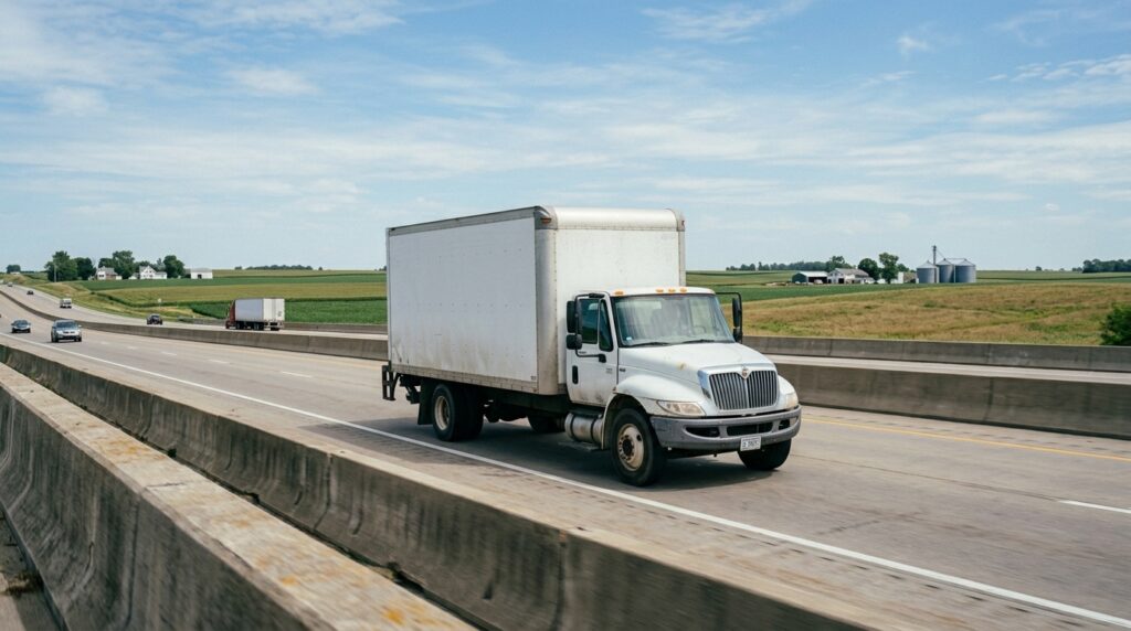White delivery truck traveling on highway under bright blue sky.