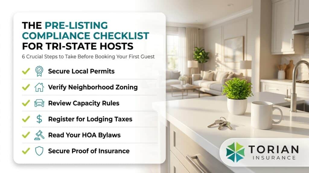 Pre-listing compliance checklist for short-term rental insurance and hosting regulations.