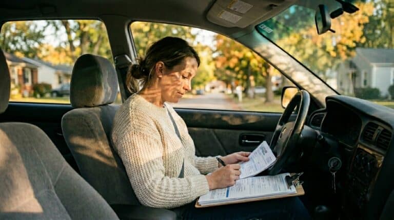 Woman checking a driving checklist in her car on a sunny, autumn day.