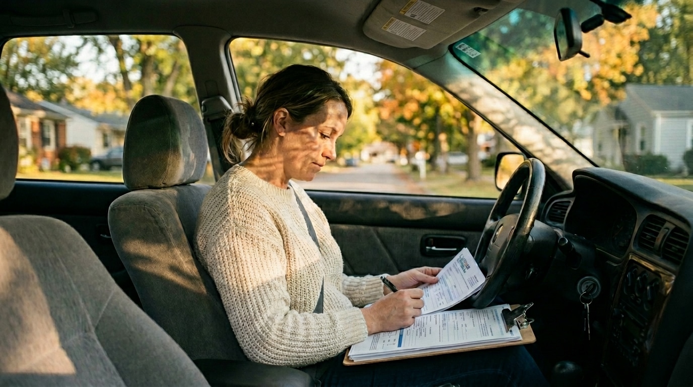 Woman checking a driving checklist in her car on a sunny, autumn day.