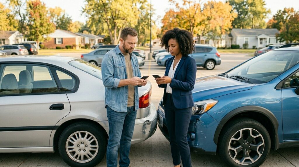 Drivers exchanging contact information after a minor car accident in a parking lot.