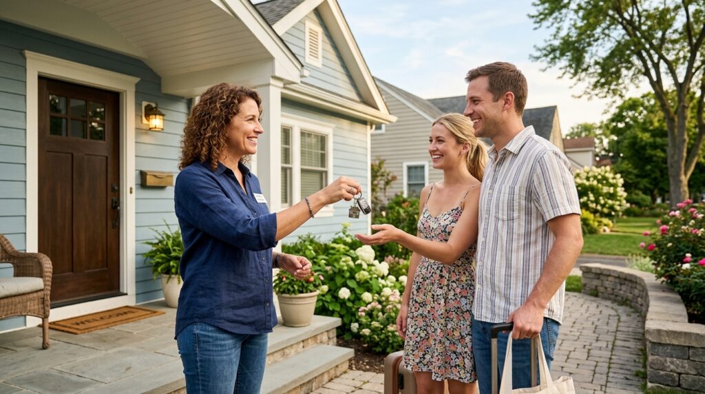 Couple receiving keys from owner for their short-term rental getaway.