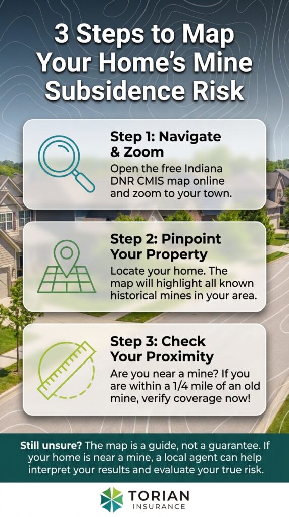 Map your homes mine subsidence risk with Indiana insurance guidelines in three easy steps.