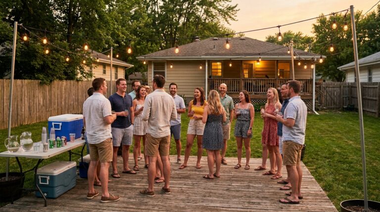 Friends enjoying a lively backyard party at sunset with festive lights and drinks.