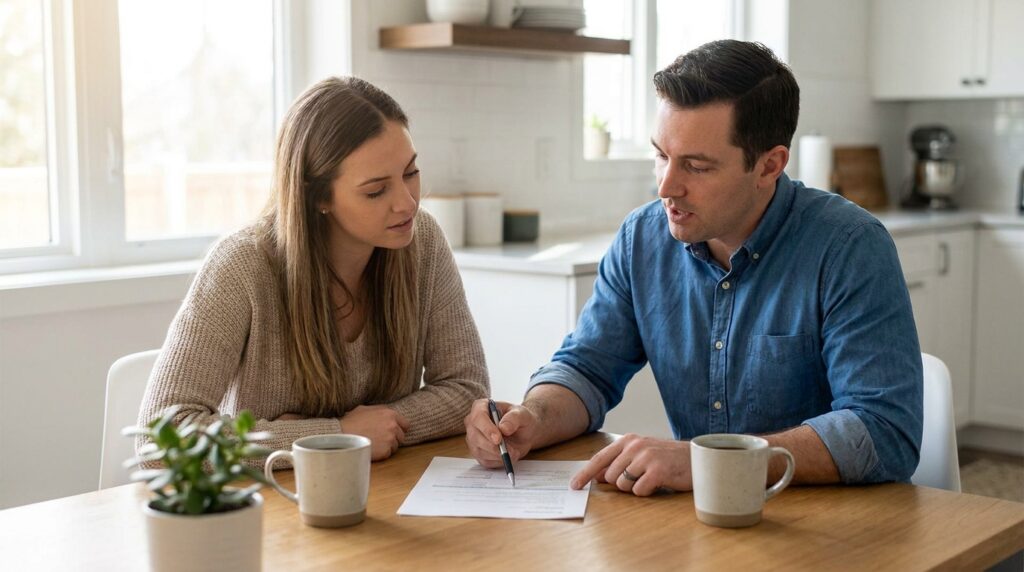Couple discussing financial plans and budgeting at home over coffee.