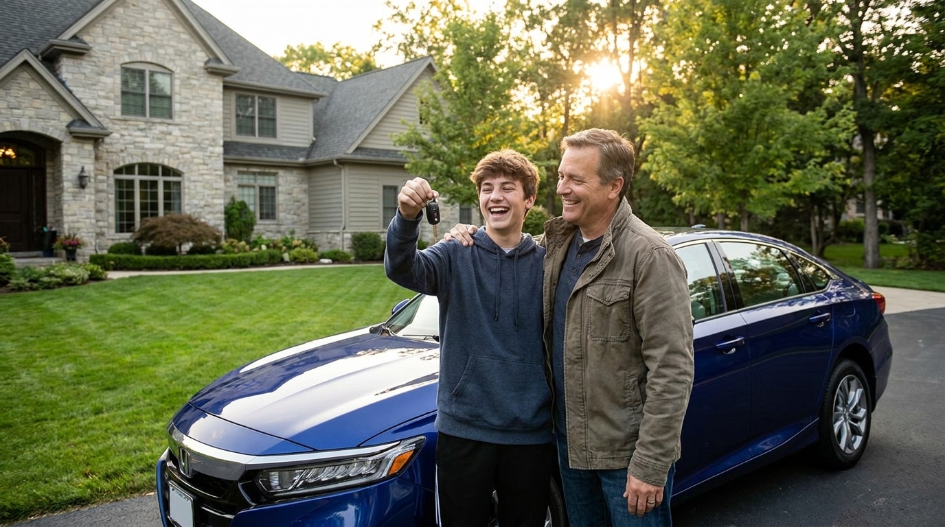 Father and son celebrate with car keys in front of their new vehicle.