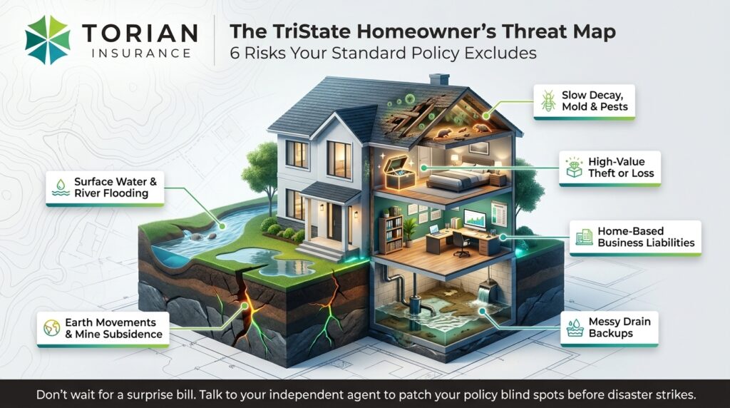 Homeowners insurance doesn’t cover risks like flooding, theft, and business liabilities.