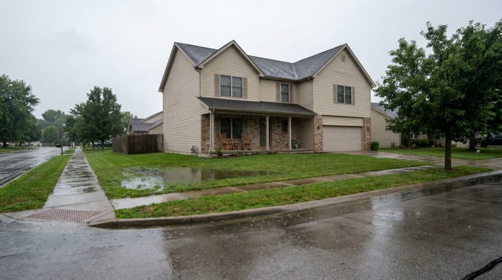 A cozy house on a rainy day with wet streets and lush greenery.