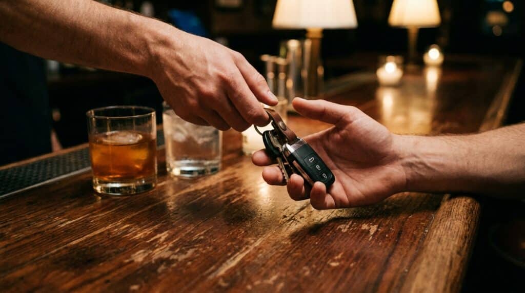Keys are exchanged at a bar amidst drinks and a cozy atmosphere.