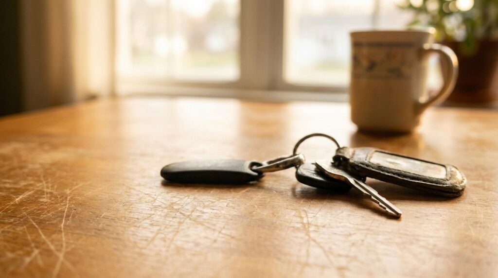 Keys on a wooden table with a coffee mug in a warm morning setting.