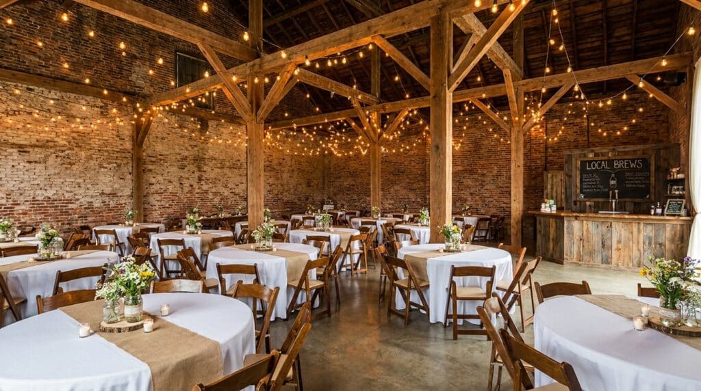 Charming rustic event space with intimate lighting and elegant table settings for celebrations.