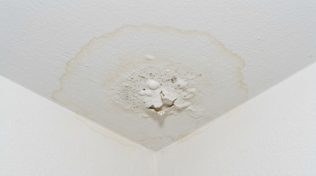 Water damage on ceiling indicating possible leaks and need for urgent repair.