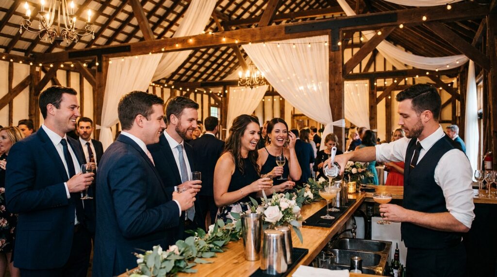 Fun wedding reception with guests enjoying drinks and laughter in a rustic venue.
