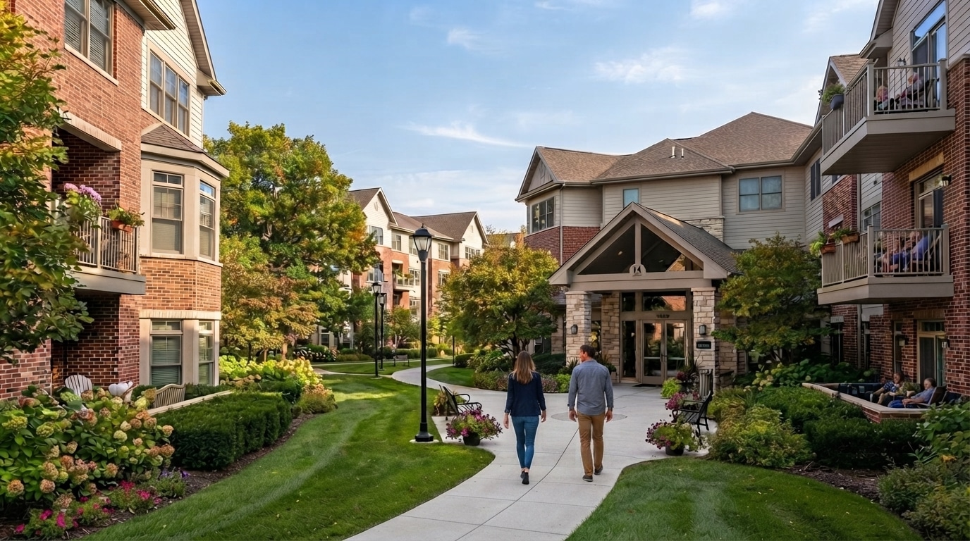 Scenic walkway in a beautiful apartment complex surrounded by lush greenery and flowers.