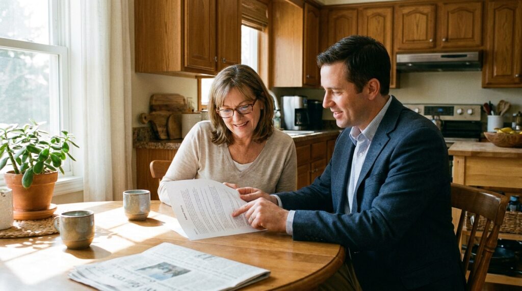 A man and woman discuss breaking news in a cozy kitchen setting.