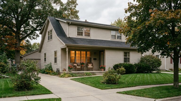 Charming suburban house exterior with lovely landscaping and cozy porch seating.