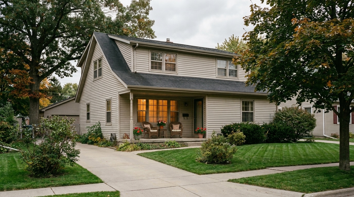 Charming suburban house exterior with lovely landscaping and cozy porch seating.