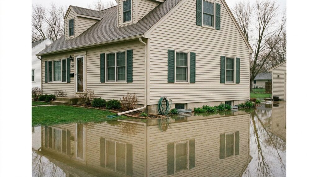 Flooded house with standing water in the yard during rainy weather.