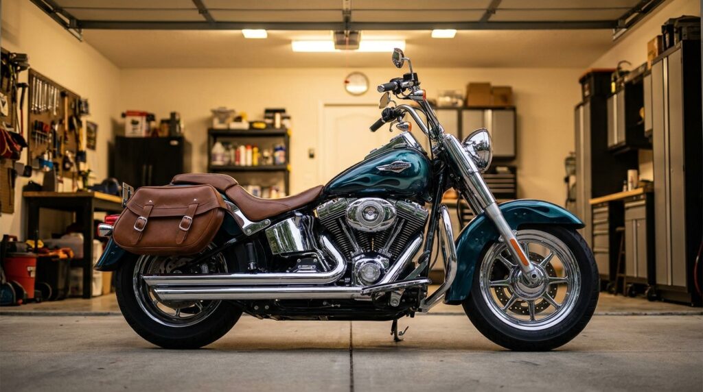 Harley-Davidson motorcycle parked in a stylish garage with tools and accessories.