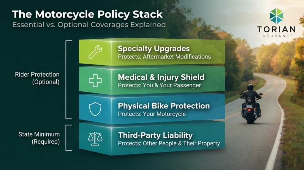 Motorcycle insurance guide for Indiana: essential and optional coverage explained.