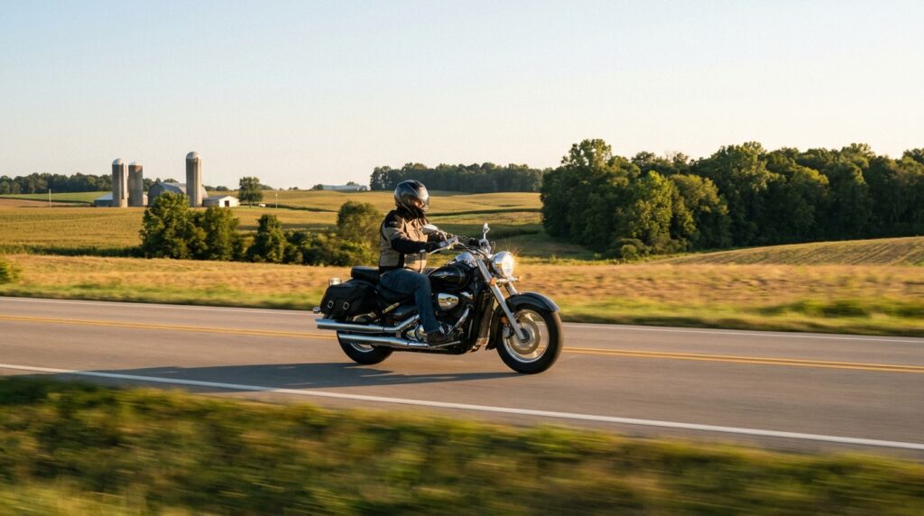 Motorcyclist cruising through scenic farmland on a sunny day.