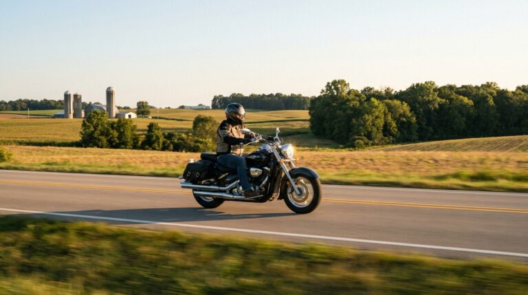 Motorcyclist cruising through scenic farmland on a sunny day.