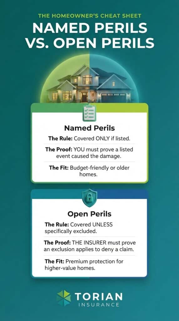 Compare named perils and open perils in home insurance coverage options.