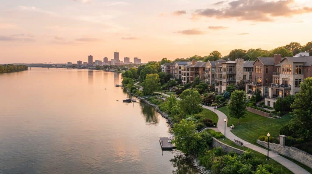 Scenic riverfront sunset view with city skyline and lush landscaping.