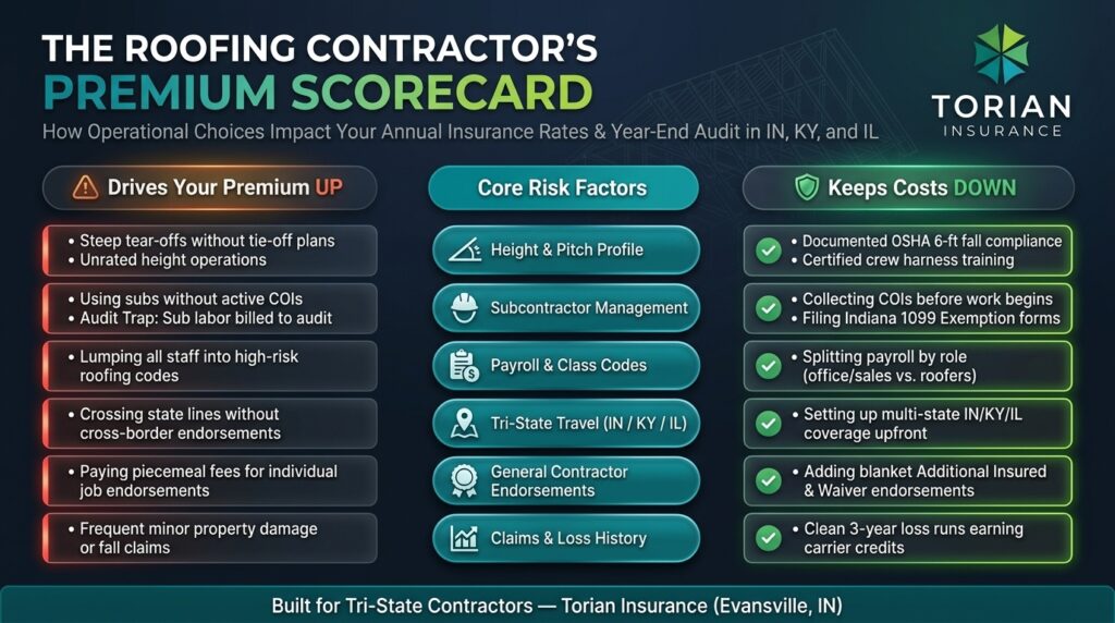 Roofing contractor insurance scorecard highlighting premium factors and cost-saving strategies.