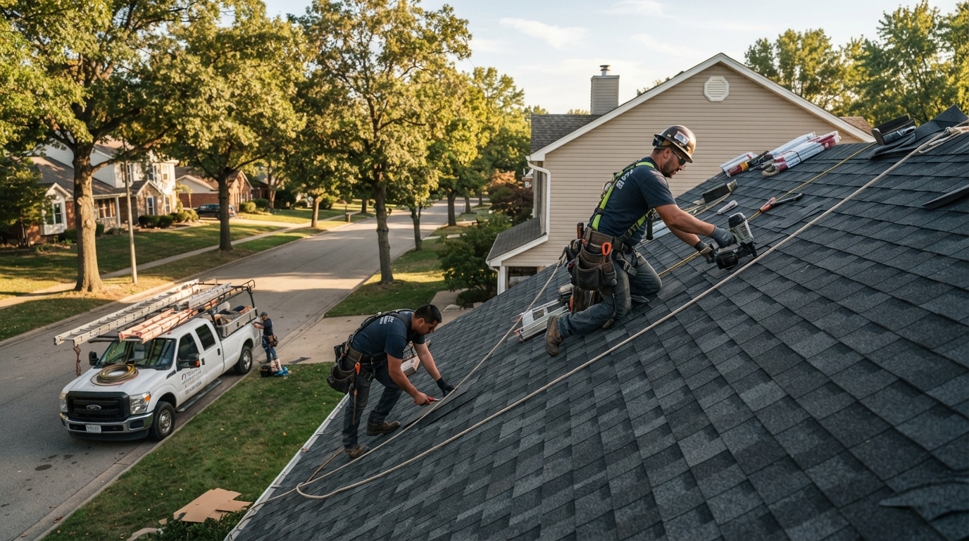 Roofing workers installing shingles on a house roof in a suburban neighborhood.