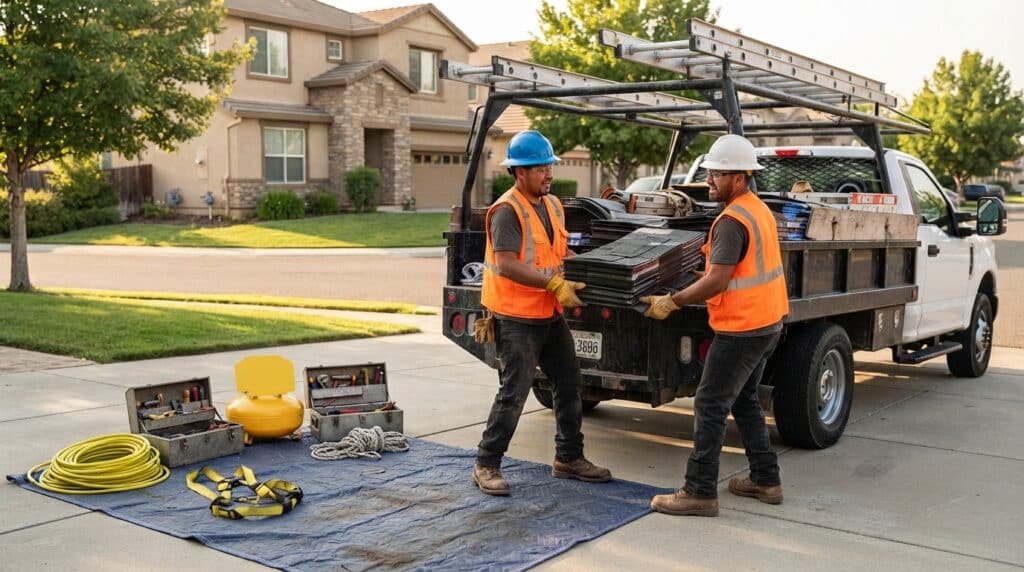 Workers preparing tools for a job in a truck near residential homes.