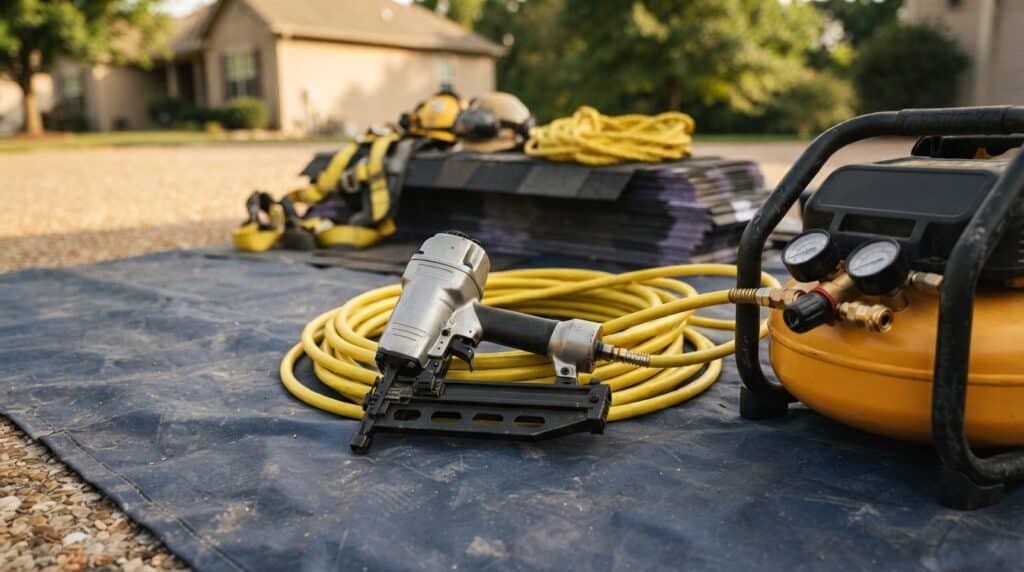 Power tools, air compressor, and accessories for construction and DIY projects.