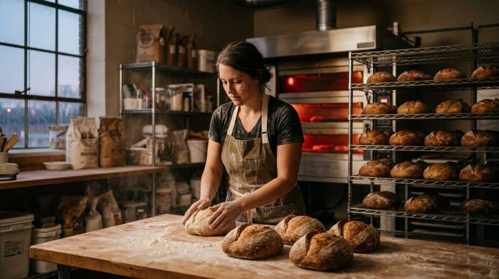 Artisan baker preparing fresh bread in a rustic bakery setting.