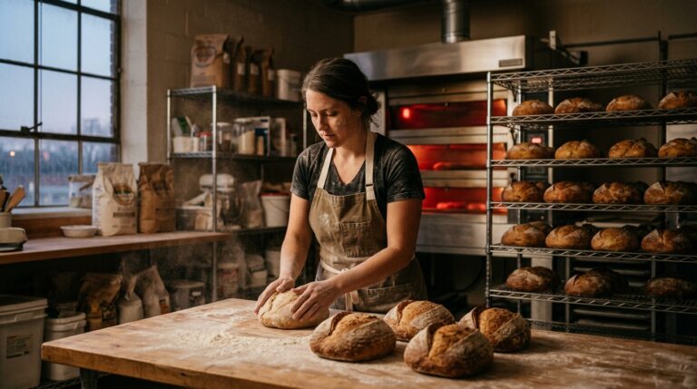 Artisan baker preparing fresh bread in a rustic bakery setting.