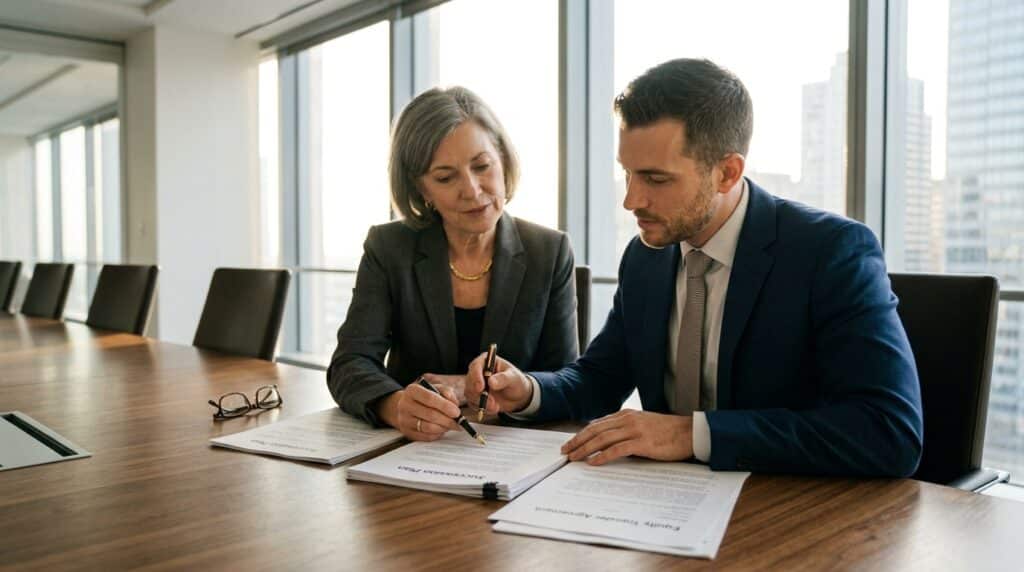 Professionals reviewing business documents in a modern conference room setting.