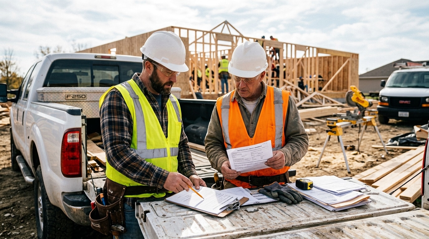Construction workers discussing project plans at a construction site.