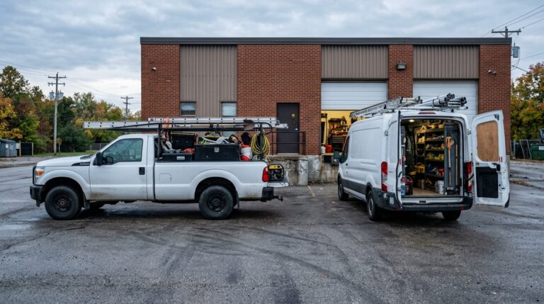 Work vehicles parked outside a commercial building, showcasing equipment and tools.