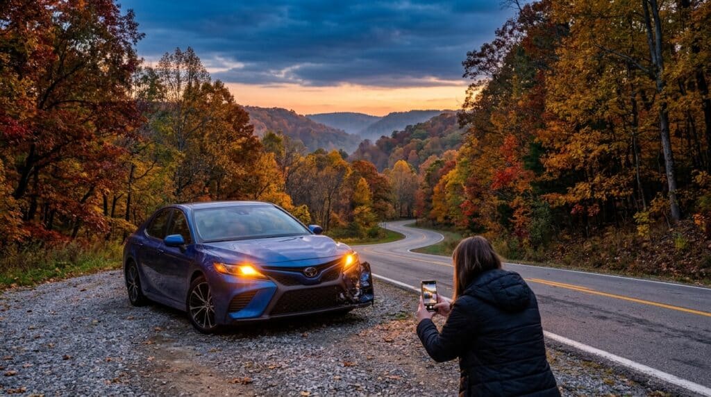 A scenic autumn drive with a car among colorful fall foliage.