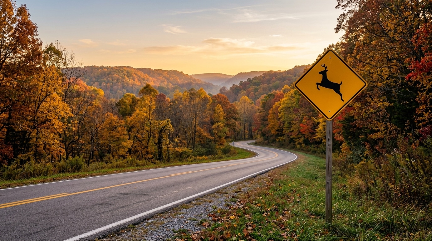 Autumn road with deer crossing sign and vibrant fall foliage landscape.