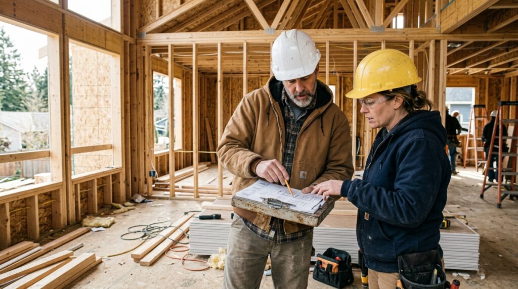 Construction workers review site plans in a partially built home with wooden framework.