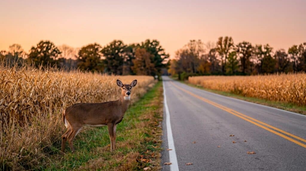 Deer standing by a country road among autumn foliage and cornfields.