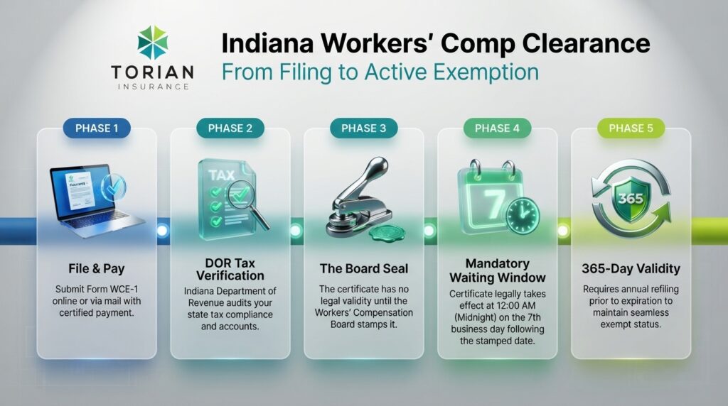 Indiana workers comp exemption steps from filing to active status, ensuring compliance.