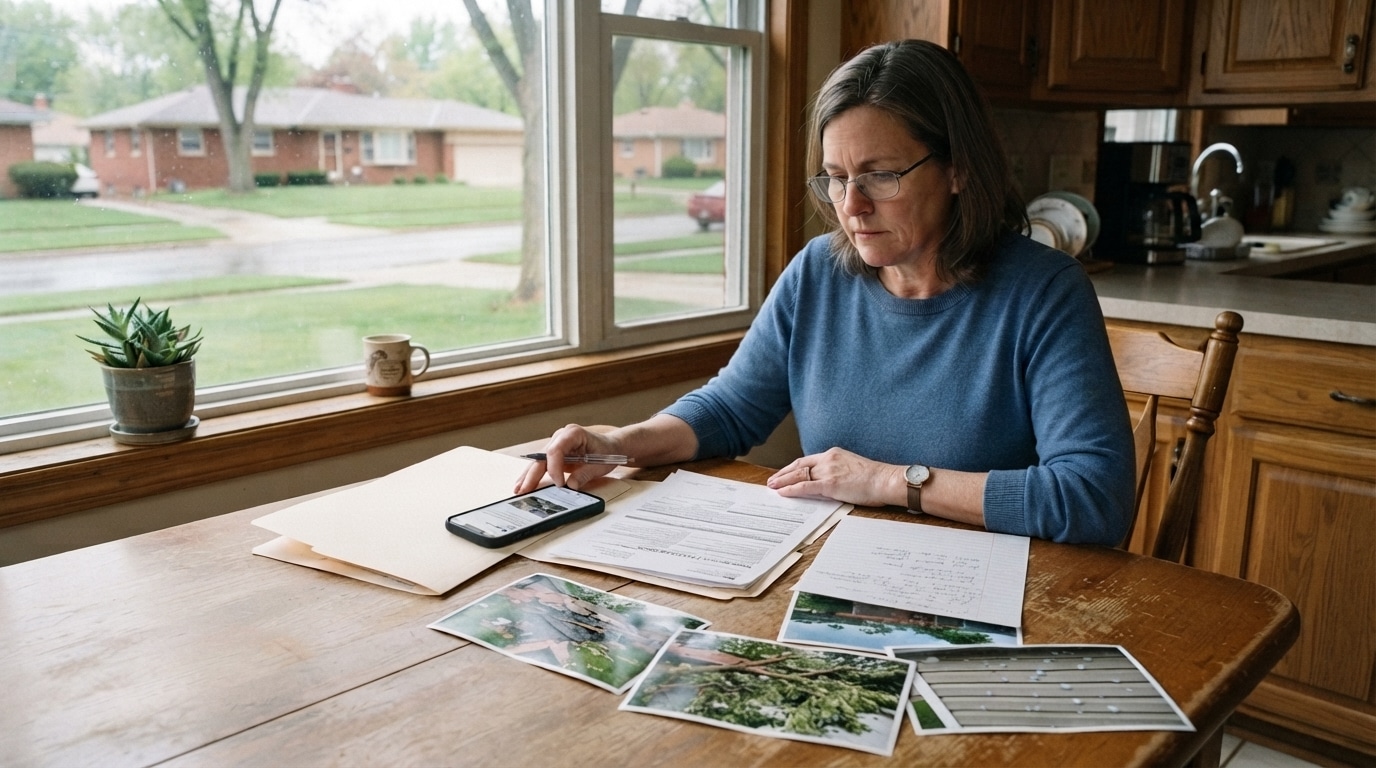 Home office setup for studying, featuring photos and a woman focused on her work.