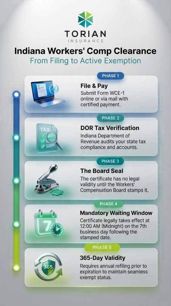 Indiana workers comp exemption guide detailing key clearance phases and requirements.