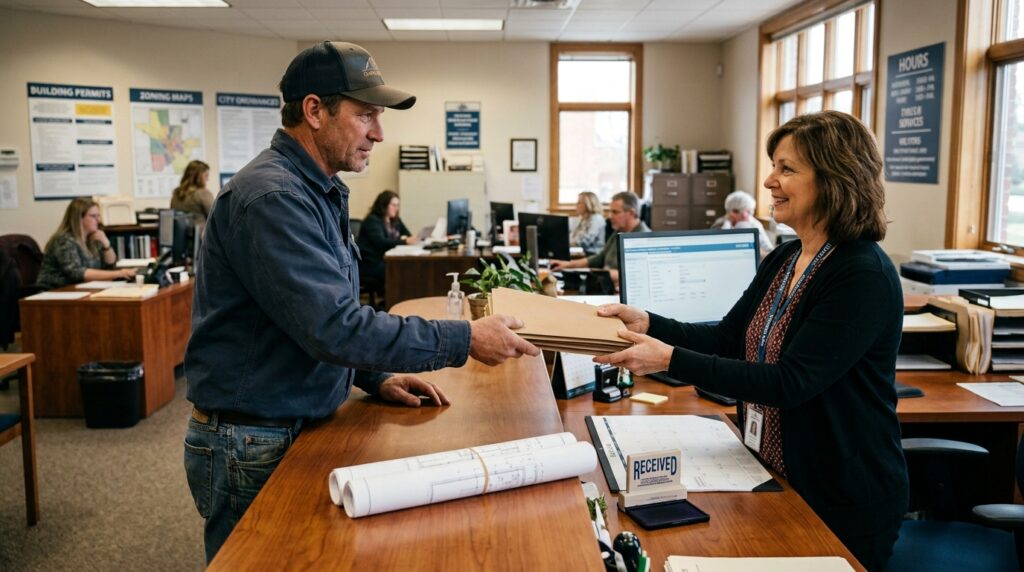 A person exchanges office papers at a building permit counter for processing.