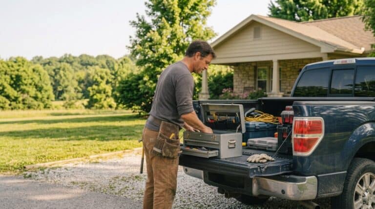 Outdoor DIY projects with tools organized in a truck toolbox on a sunny day.