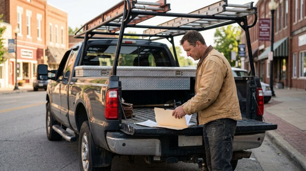 Man reviewing documents in a work truck on a city street.