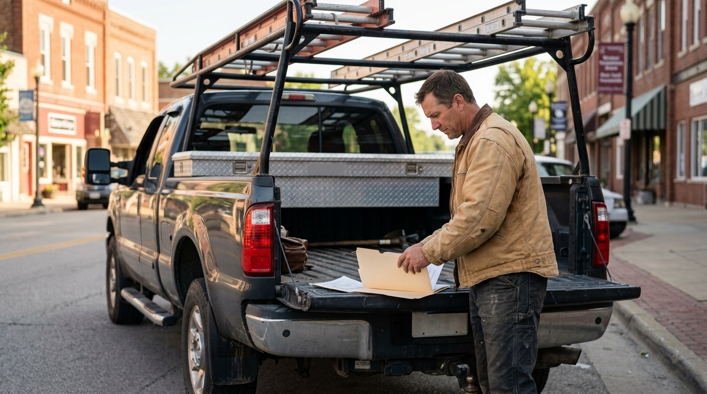 Man reviewing documents in a work truck on a city street.